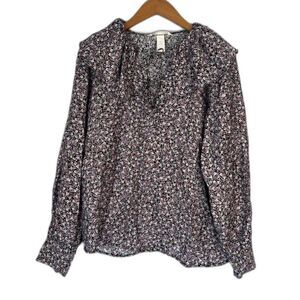 H&M Floral Print Ruffle Collar Tie Neck‎ Long Sleeve Peasant Blouse Size Small